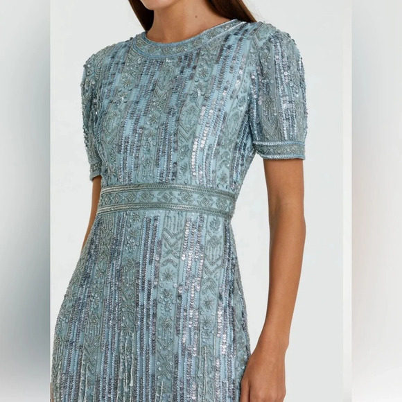 NWT | Mac Duggal Blue High Neck Short Sleeve Crystal Fringe Column Dress Size 6 - Picture 8 of 12